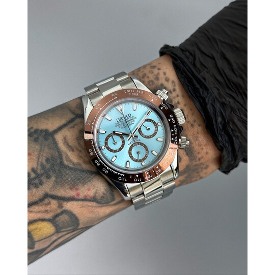 Custom Seiko Mod • Chrome Brown Ice Blue Platinum Daytona • 39.5mm